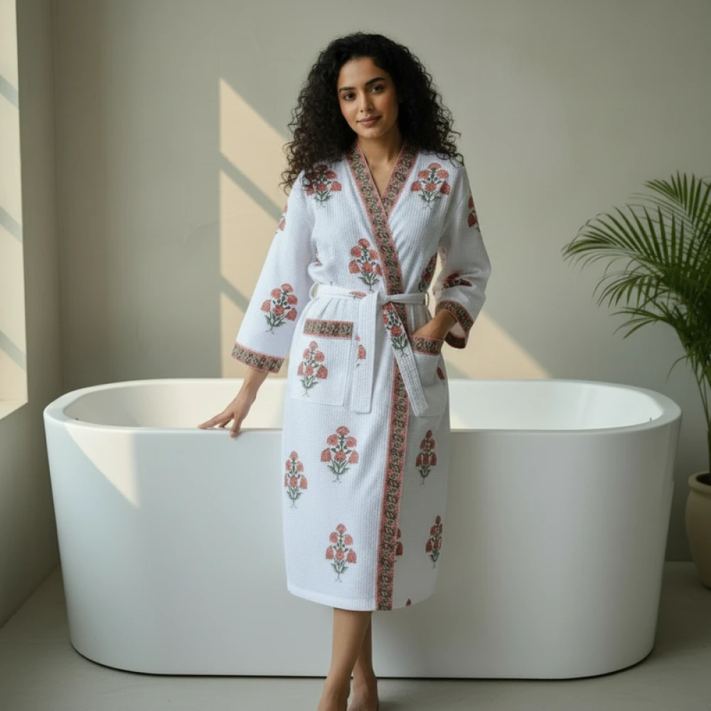 Absorbent Waffle Cotton Women's Printed Bathrobe (Free Size)