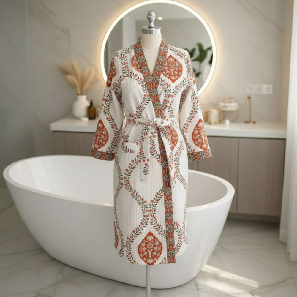 Soft Waffle Cotton Men's Spa Block Print Bathrobe (Free Size)