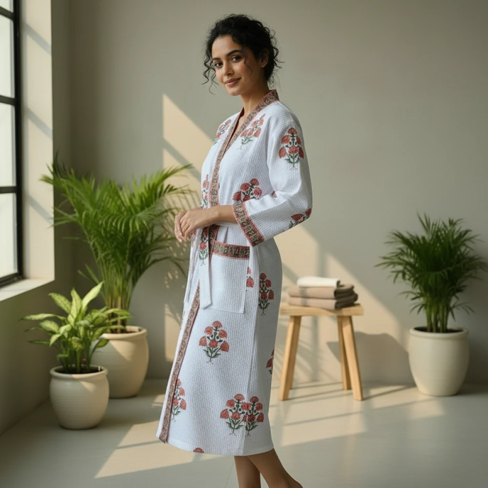 Absorbent Waffle Cotton Women's Printed Bathrobe (Free Size)