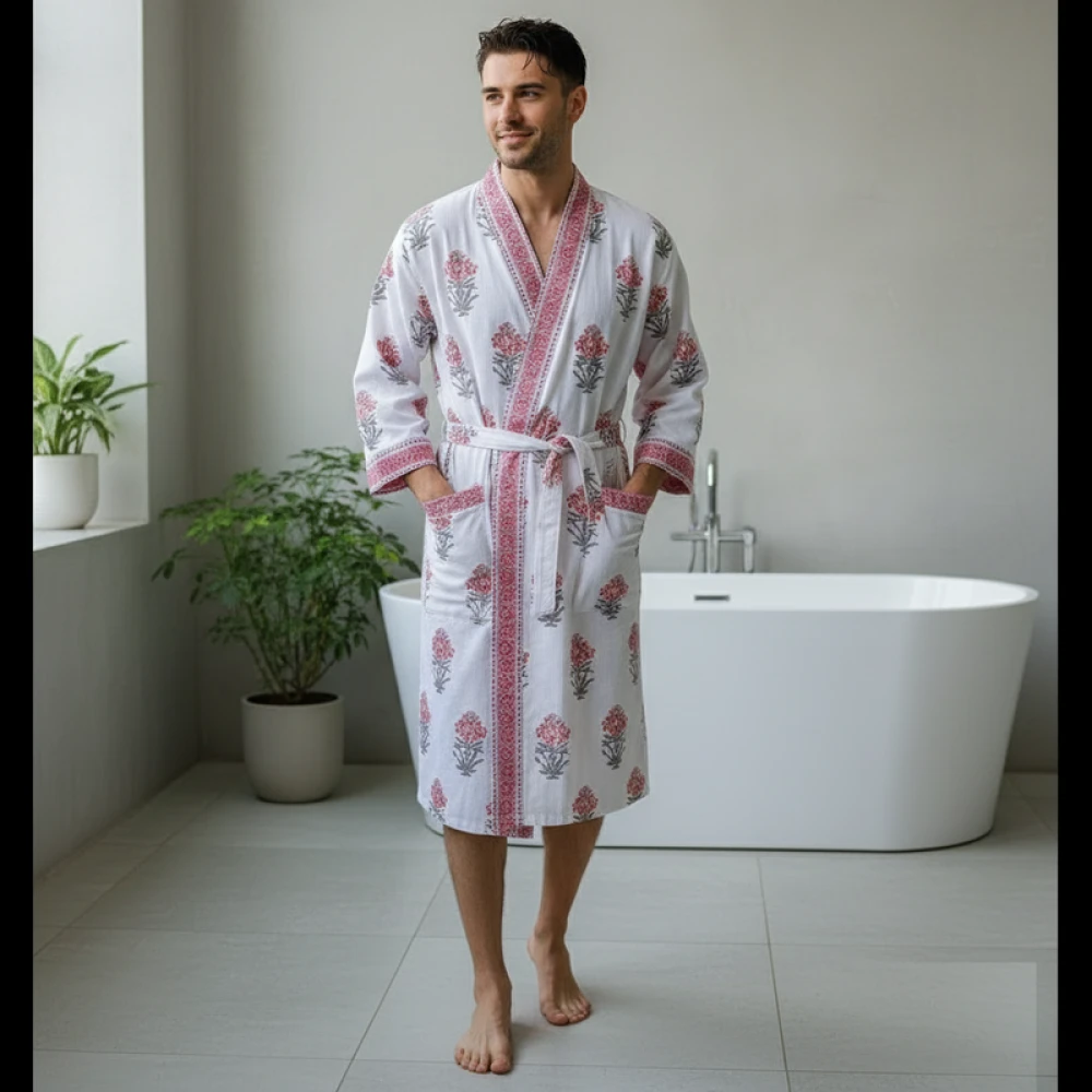 Lightweight Waffle Cotton Unisex Block Printed Bathrobe (Free Size)