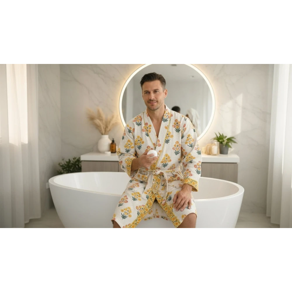 Waffle Cotton Men's Hand Block Print Bathrobe (Free Size)