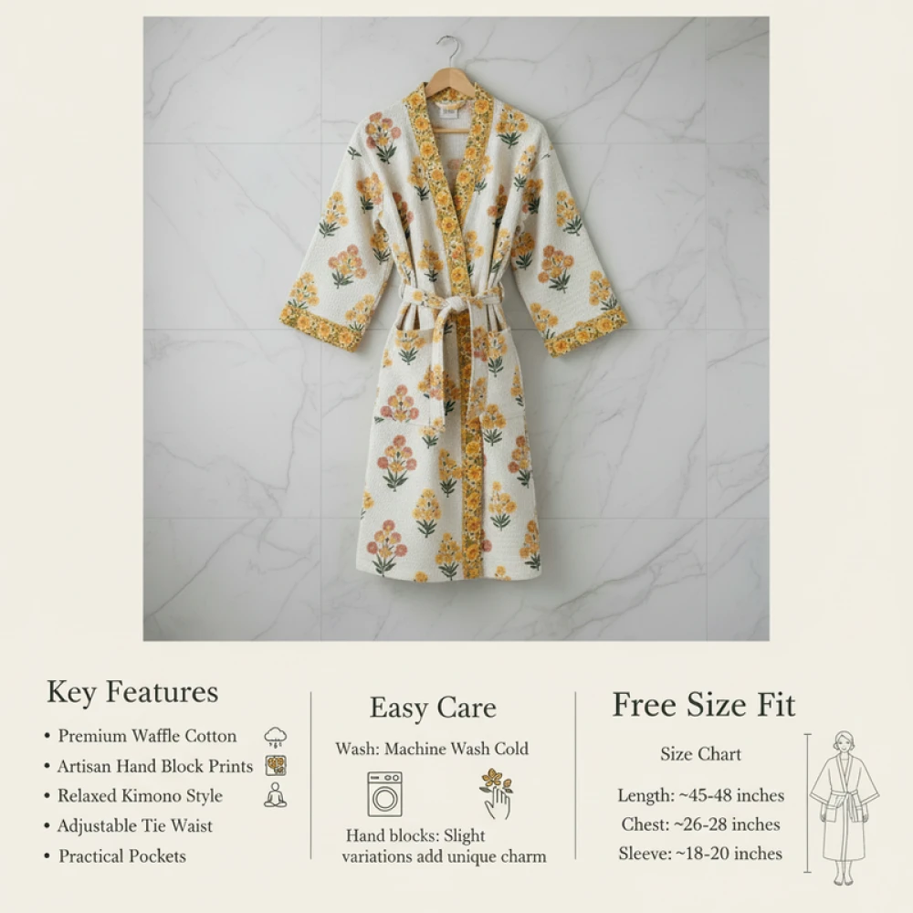 Waffle Cotton Unisex Hand Block Print Bathrobe (Free Size)