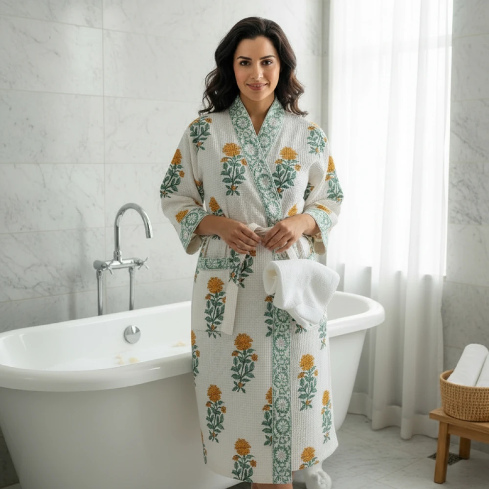 Classic Waffle Cotton Women's Designer Block Print Bathrobe (Free Size)