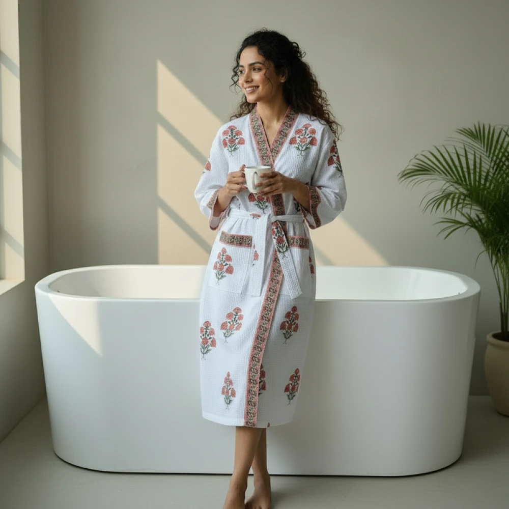 Absorbent Waffle Cotton Women's Printed Bathrobe (Free Size)