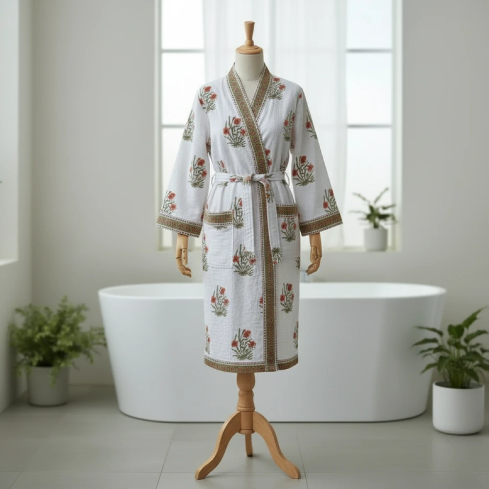 Handcrafted Waffle Cotton Women's Bathrobe with Block Print (Free Size)