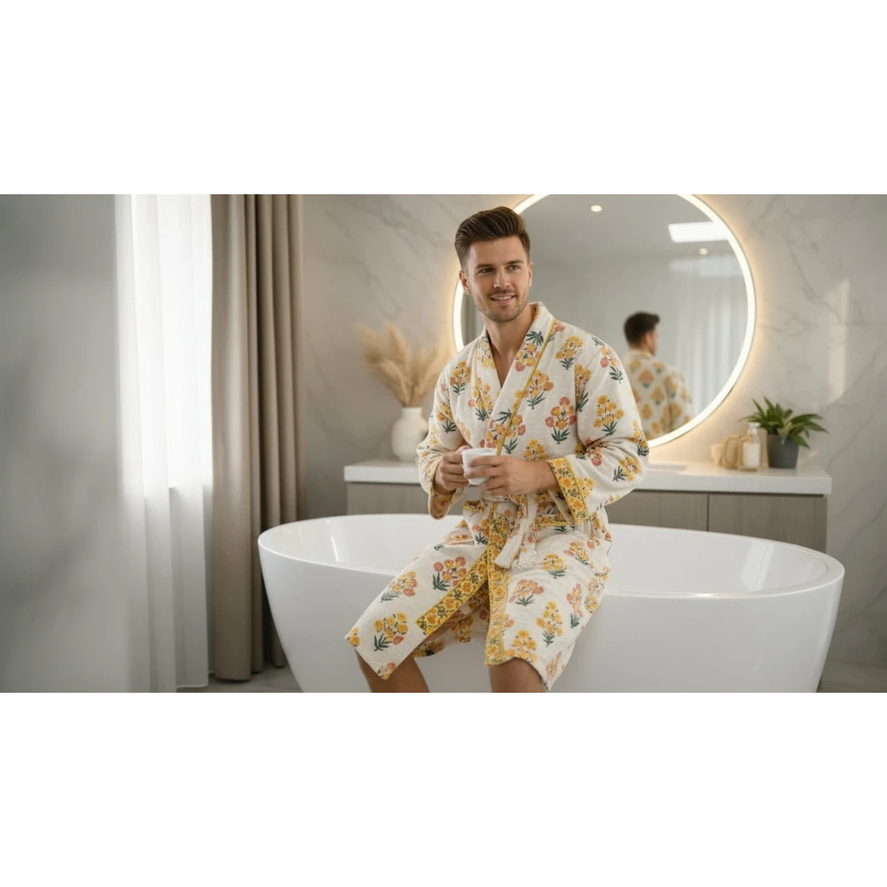 Waffle Cotton Men's Hand Block Print Bathrobe (Free Size)