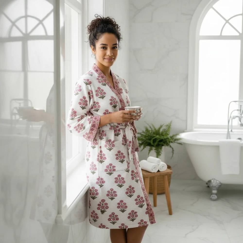 Women's Waffle Cotton Printed Bathrobe with Block Print Design (Free Size)