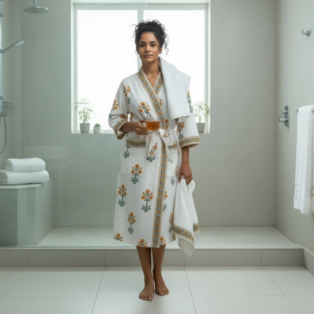 Comfort Fit Waffle Cotton Women's Block Print Bathrobe (Free Size)