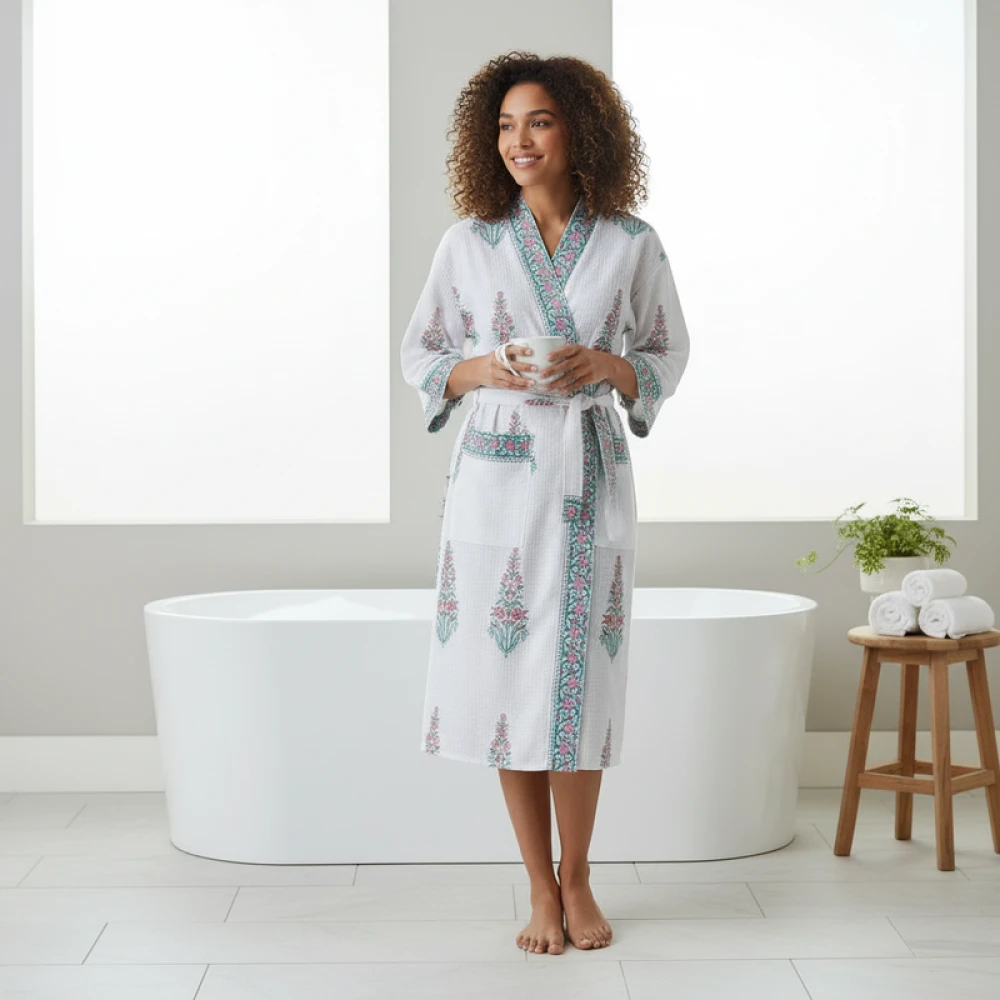 Waffle Weave Cotton Women's Block Print Bathrobe (Free Size)