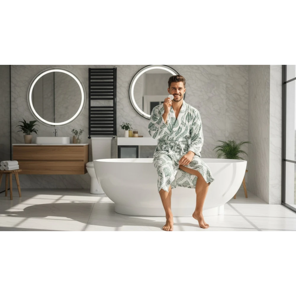 Premium Waffle Cotton Men's Block Print Bathrobe (Free Size)