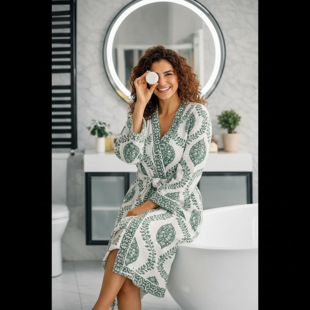 Premium Waffle Cotton Women's Block Print Bathrobe (Free Size)