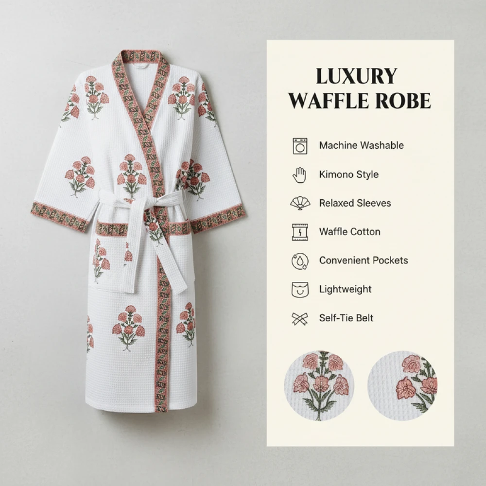 Absorbent Waffle Cotton Unisex Printed Bathrobe (Free Size)