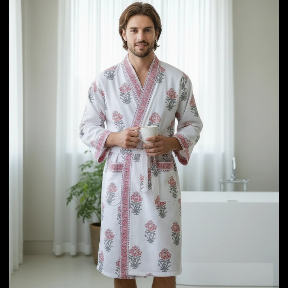 Lightweight Waffle Cotton Men's Block Printed Bathrobe (Free Size)