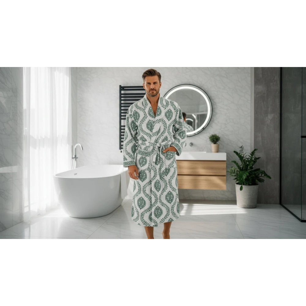 Premium Waffle Cotton Men's Block Print Bathrobe (Free Size)