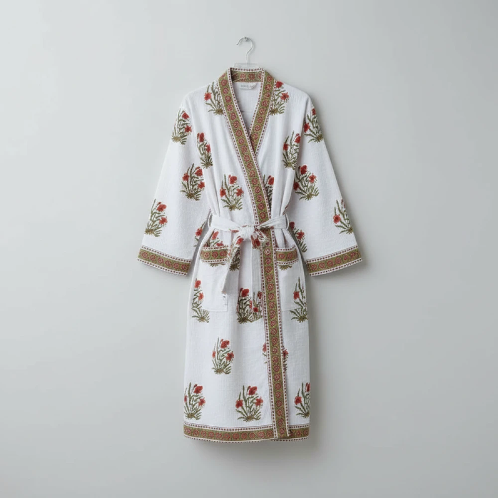Handcrafted Waffle Cotton Unisex Bathrobe with Block Print (Free Size)