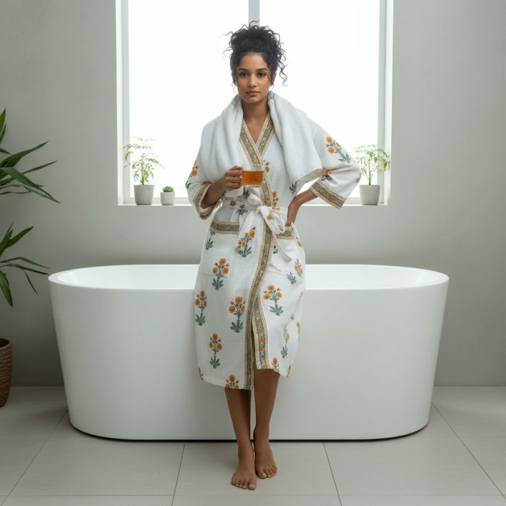 Comfort Fit Waffle Cotton Women's Block Print Bathrobe (Free Size)