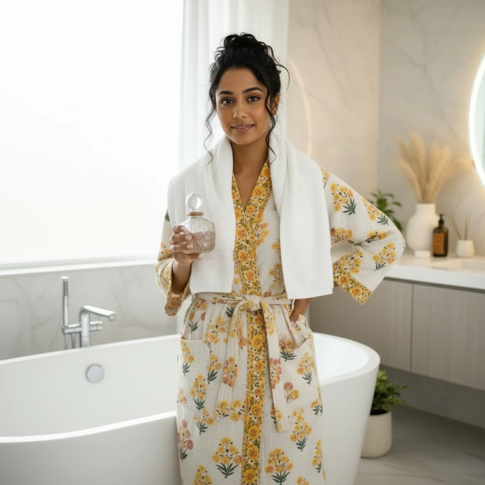 Waffle Cotton Women's Hand Block Print Bathrobe (Free Size)