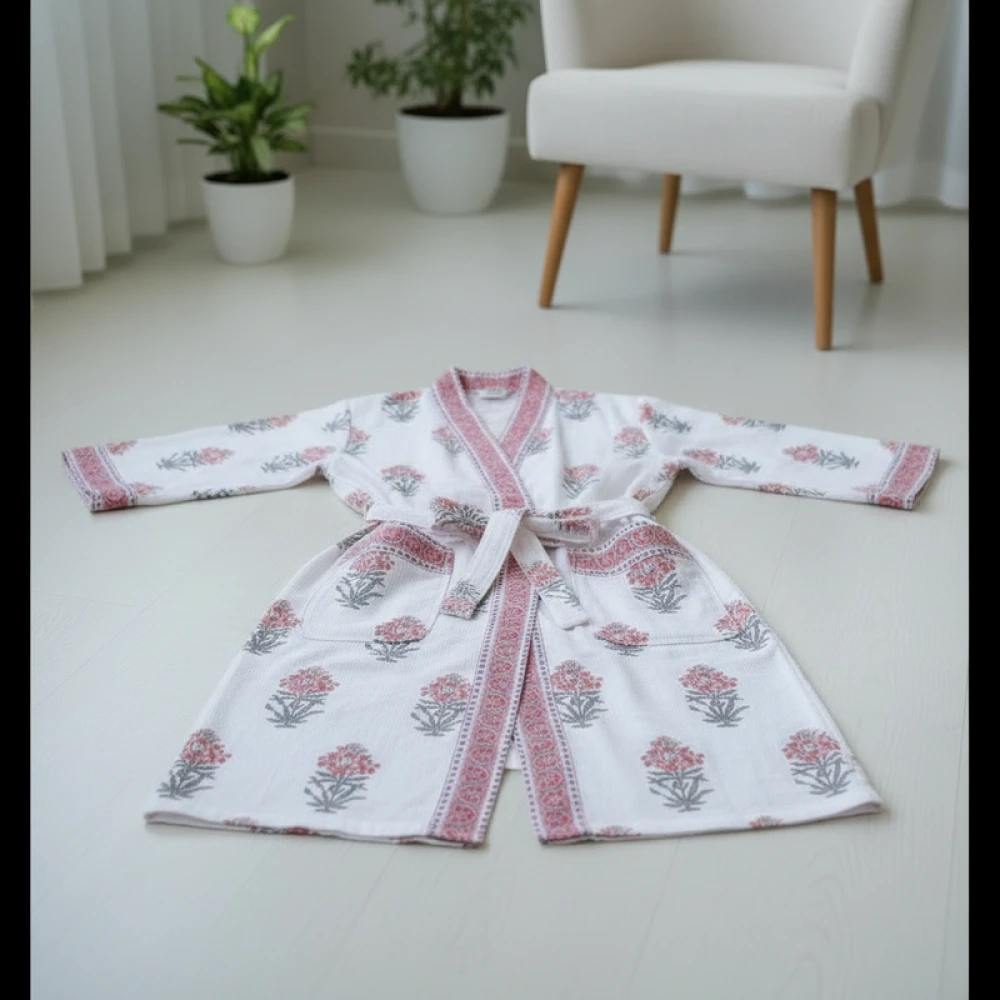 Lightweight Waffle Cotton Unisex Block Printed Bathrobe (Free Size)