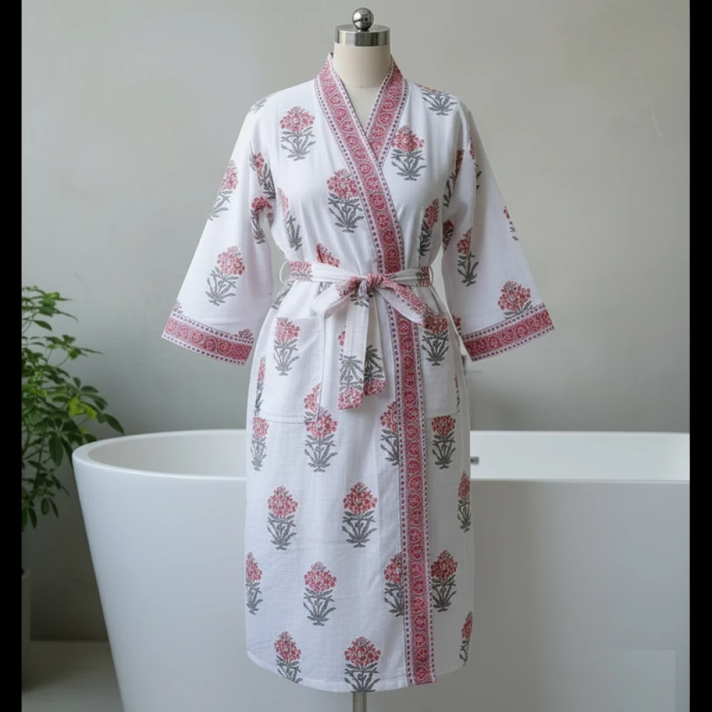 Lightweight Waffle Cotton Men's Block Printed Bathrobe (Free Size)