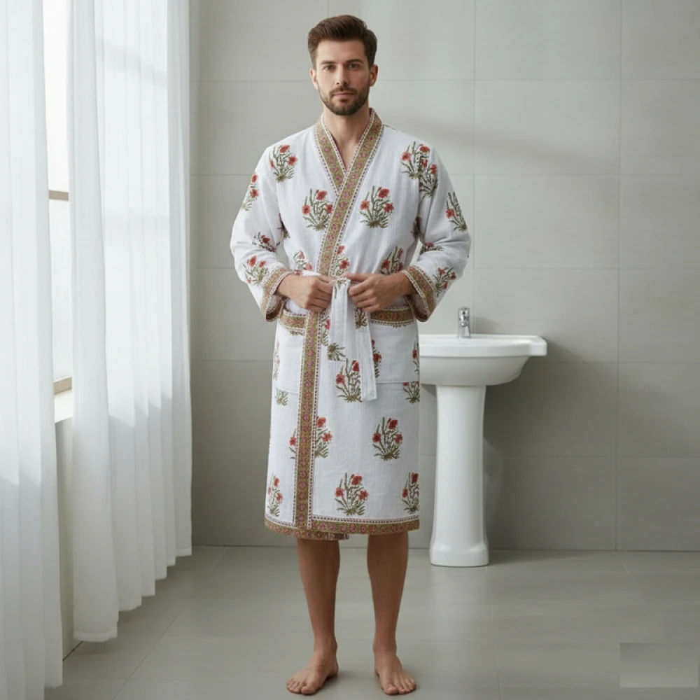 Handcrafted Waffle Cotton Men's Bathrobe with Block Print (Free Size)
