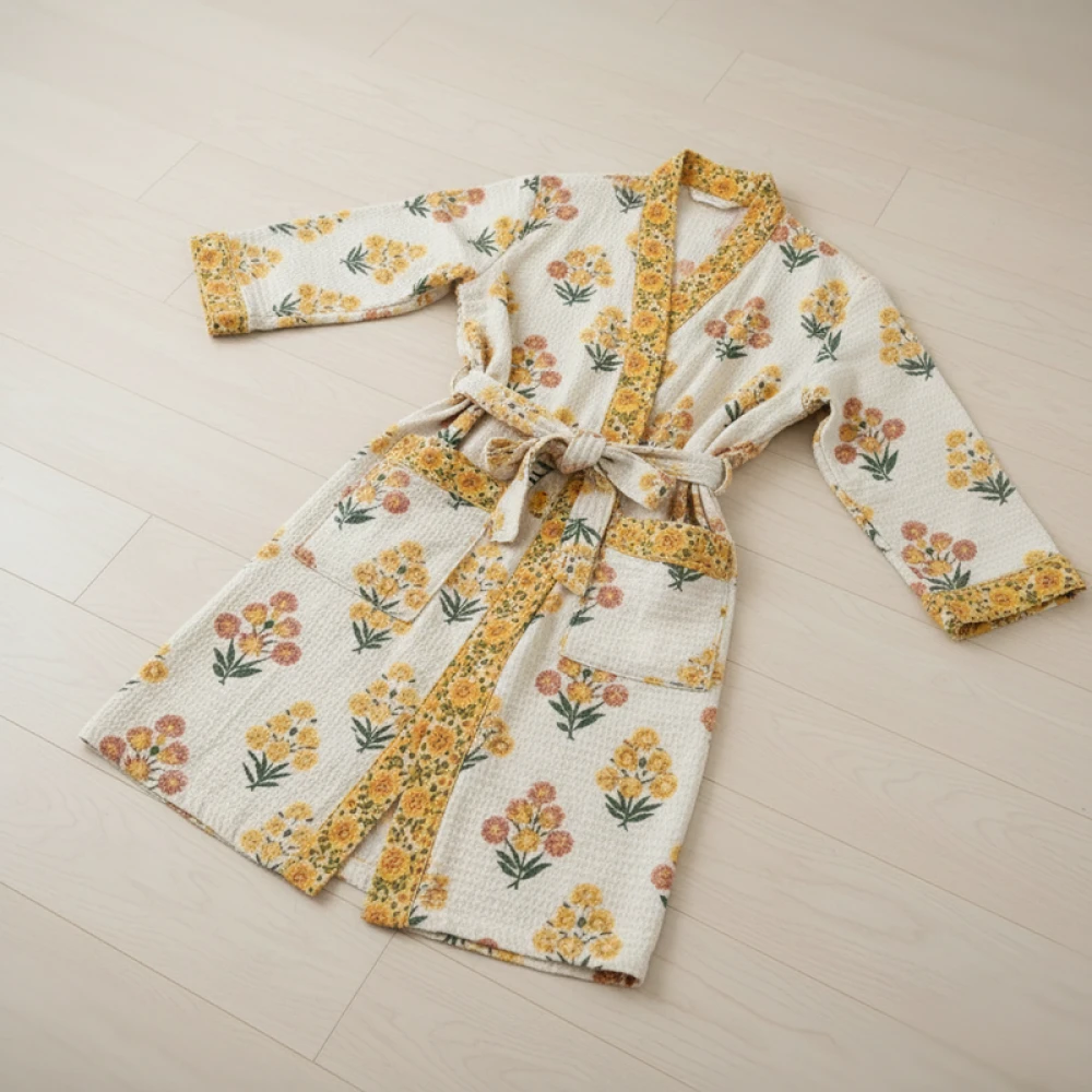 Waffle Cotton Unisex Hand Block Print Bathrobe (Free Size)