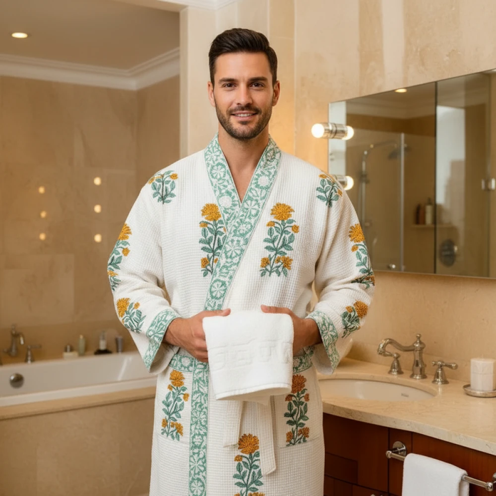 Classic Waffle Cotton Unisex Designer Block Print Bathrobe (Free Size)