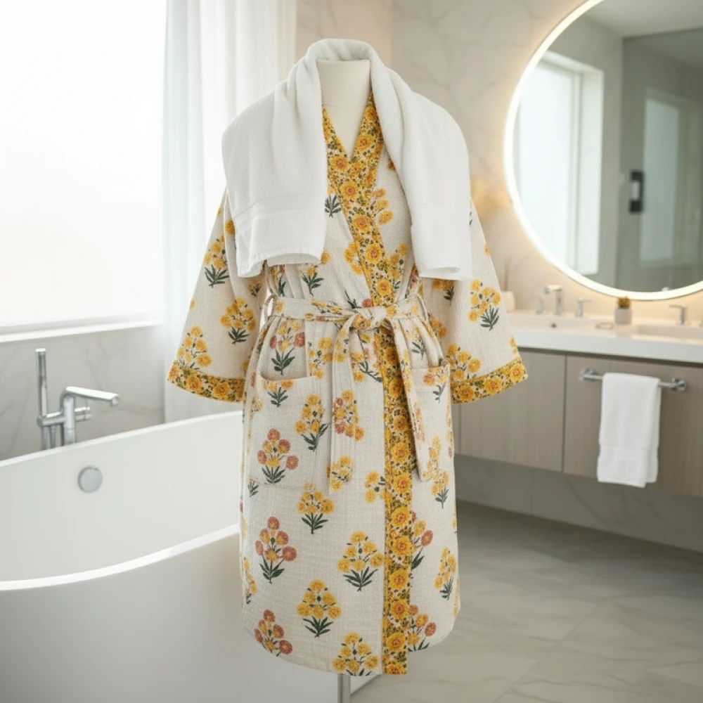 Waffle Cotton Unisex Hand Block Print Bathrobe (Free Size)