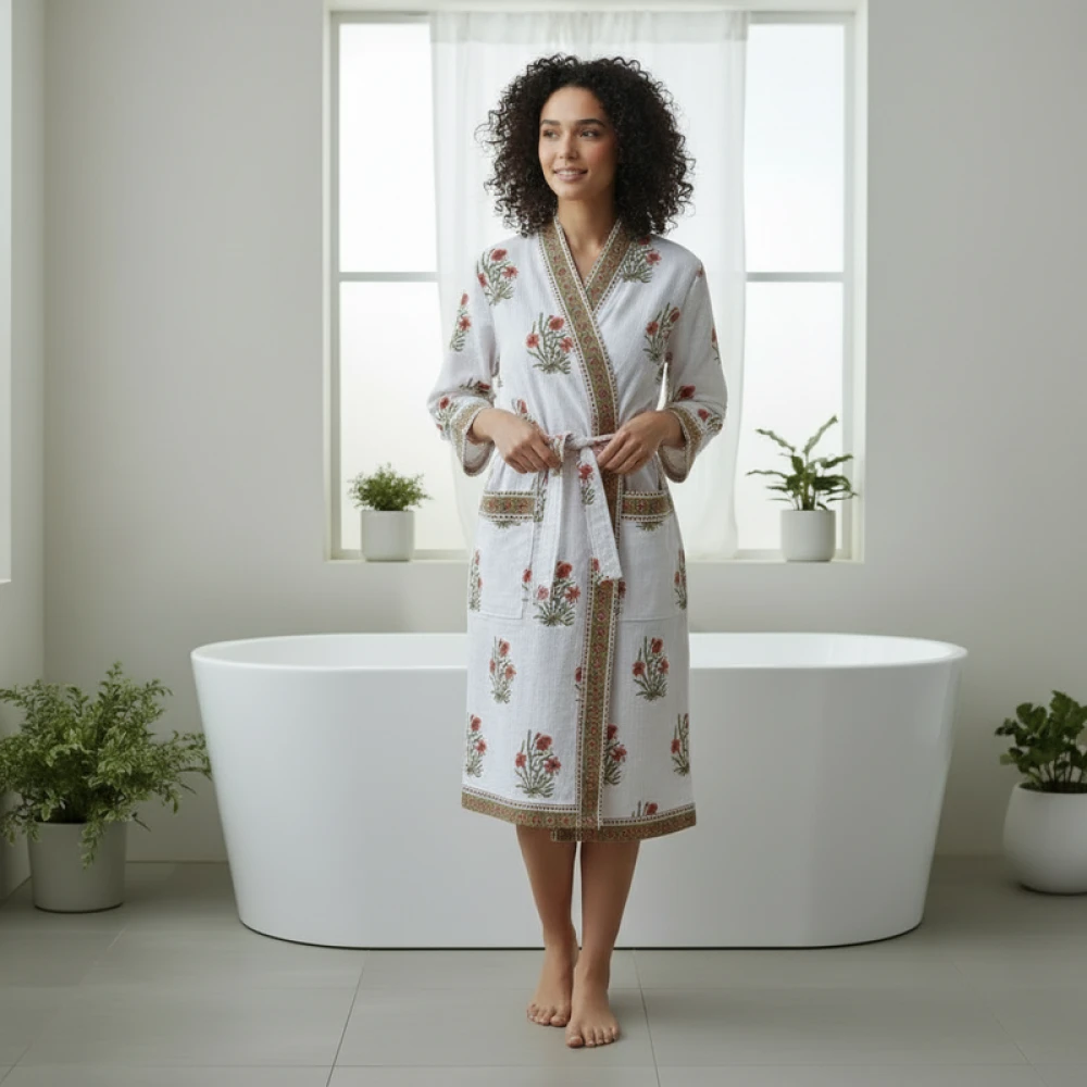 Handcrafted Waffle Cotton Unisex Bathrobe with Block Print (Free Size)