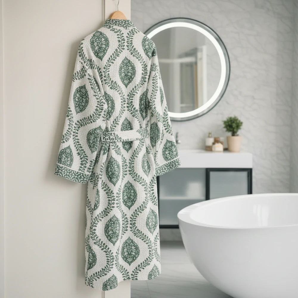 Premium Waffle Cotton Unisex Block Print Bathrobe (Free Size)