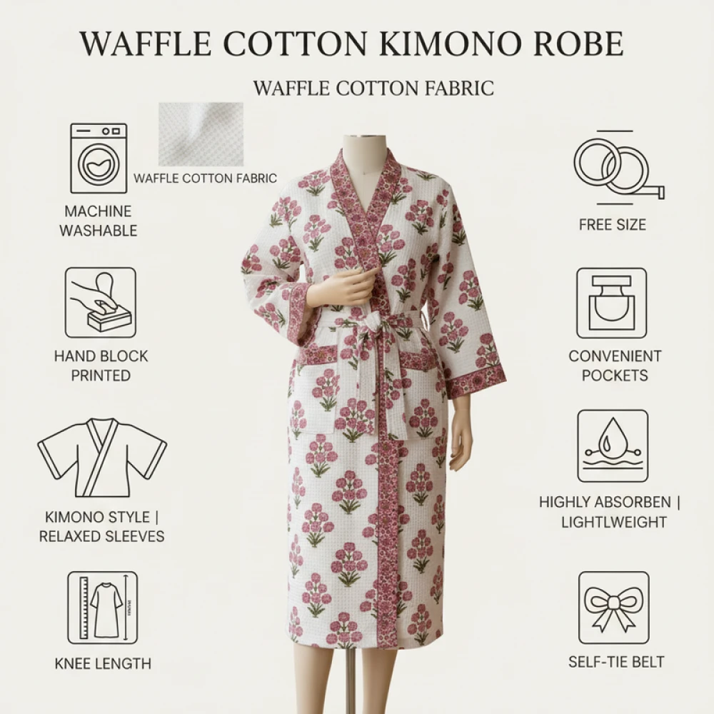 Unisex Waffle Cotton Printed Bathrobe with Block Print Design (Free Size)