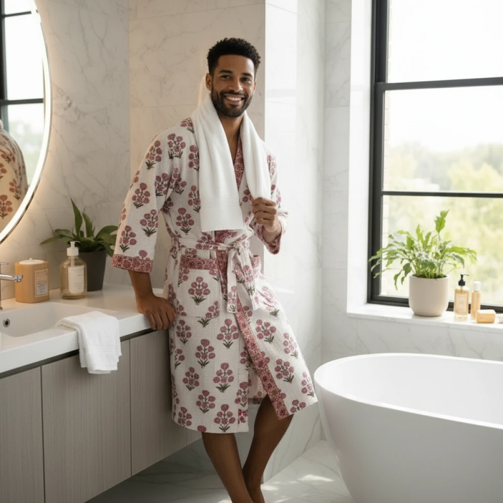 Men's Waffle Cotton Printed Bathrobe with Block Print Design (Free Size)