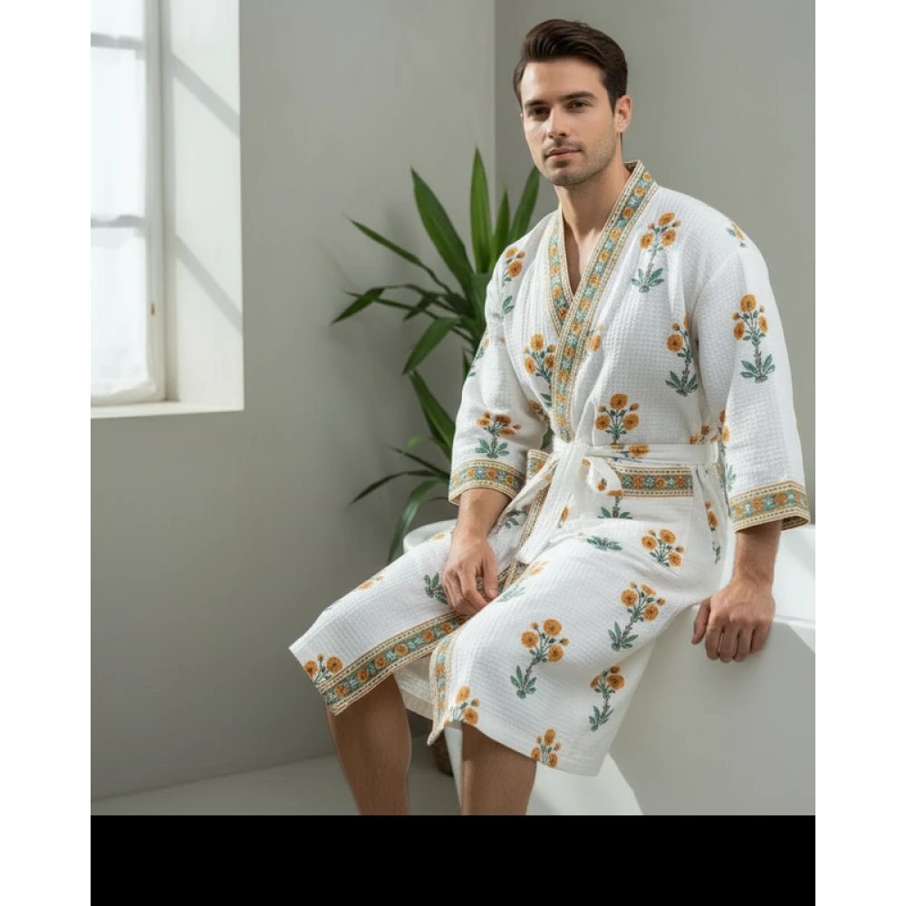 Comfort Fit Waffle Cotton Men's Block Print Bathrobe (Free Size)