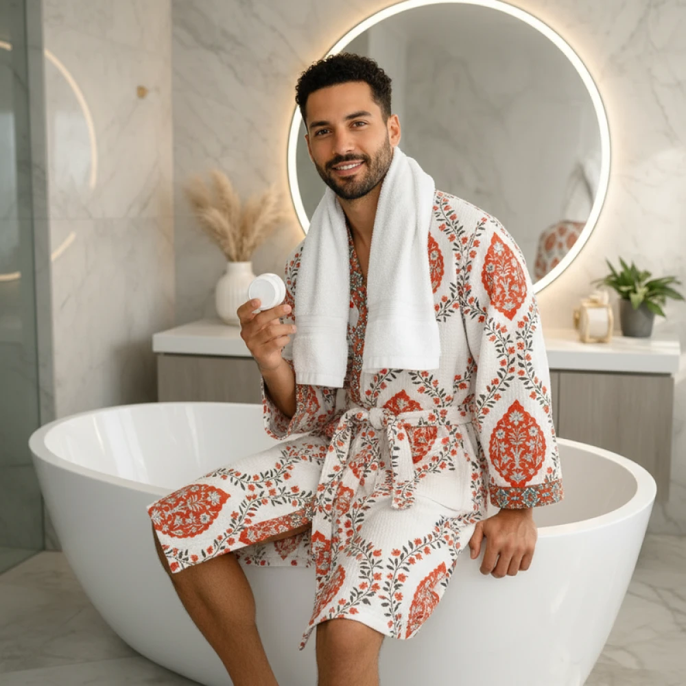 Soft Waffle Cotton Unisex Spa Block Print Bathrobe (Free Size)