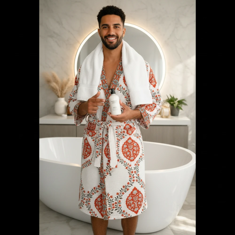 Soft Waffle Cotton Men's Spa Block Print Bathrobe (Free Size)