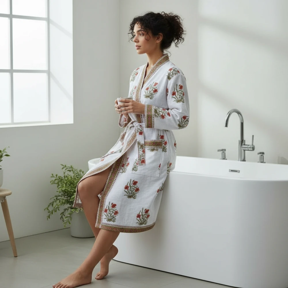 Handcrafted Waffle Cotton Women's Bathrobe with Block Print (Free Size)
