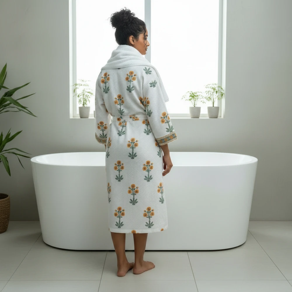 Comfort Fit Waffle Cotton Women's Block Print Bathrobe (Free Size)