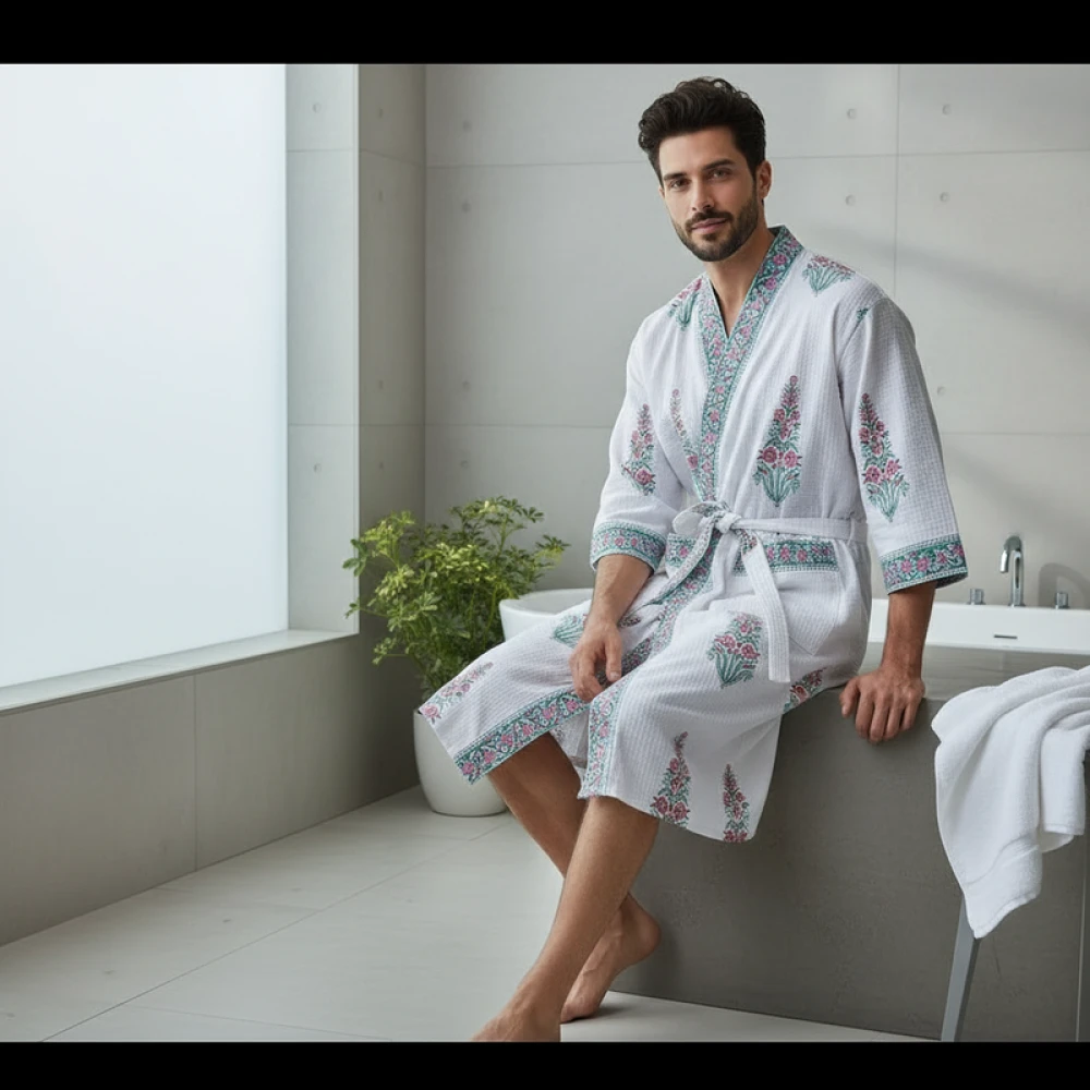 Waffle Weave Cotton Men's Block Print Bathrobe (Free Size)