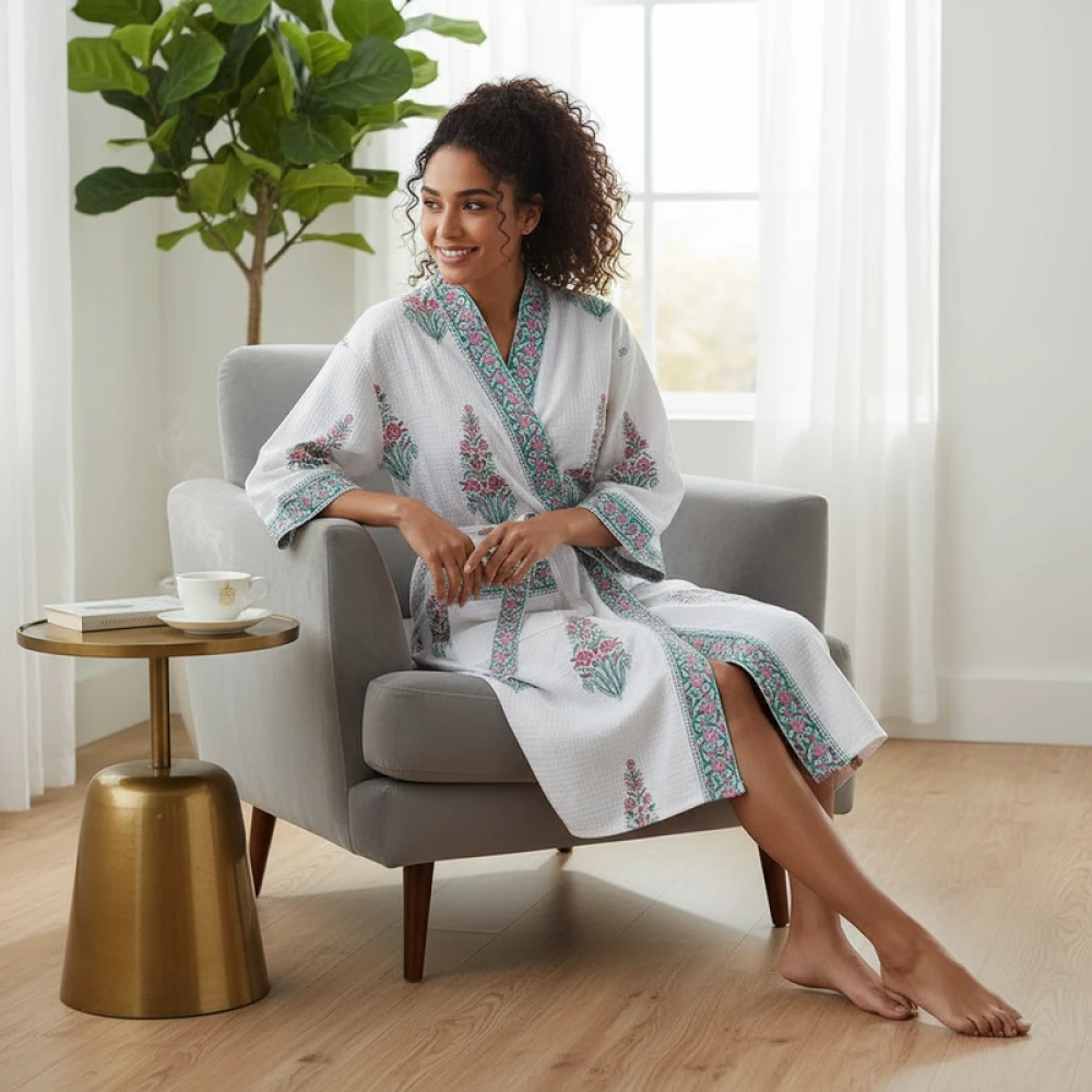 Waffle Weave Cotton Women's Block Print Bathrobe (Free Size)