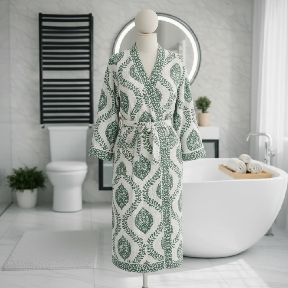 Premium Waffle Cotton Unisex Block Print Bathrobe (Free Size)