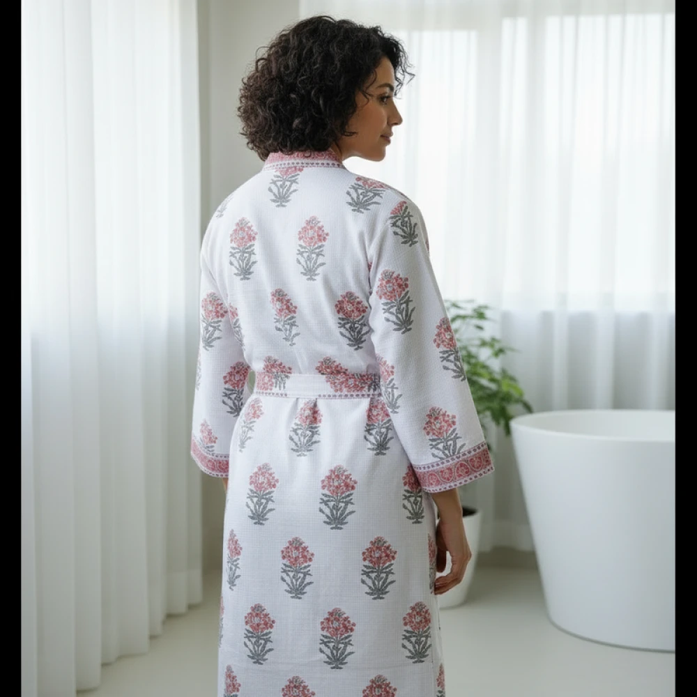 Lightweight Waffle Cotton Women's Block Printed Bathrobe (Free Size)