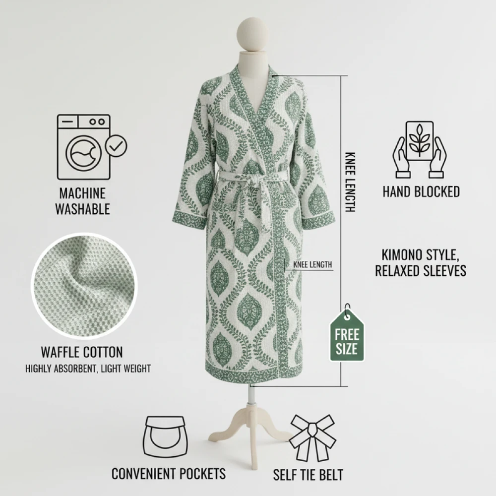 Premium Waffle Cotton Men's Block Print Bathrobe (Free Size)