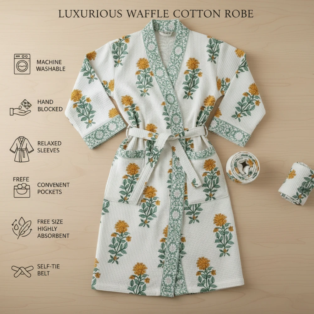 Classic Waffle Cotton Men's Designer Block Print Bathrobe (Free Size)