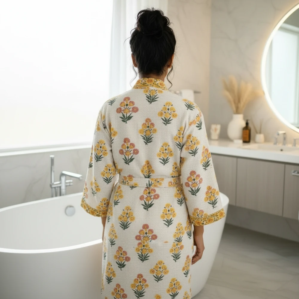 Waffle Cotton Women's Hand Block Print Bathrobe (Free Size)