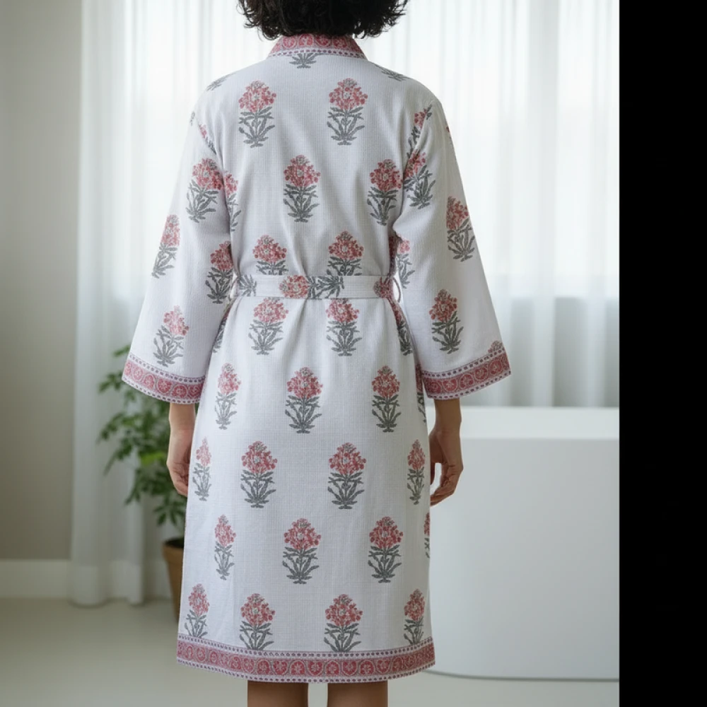 Lightweight Waffle Cotton Women's Block Printed Bathrobe (Free Size)