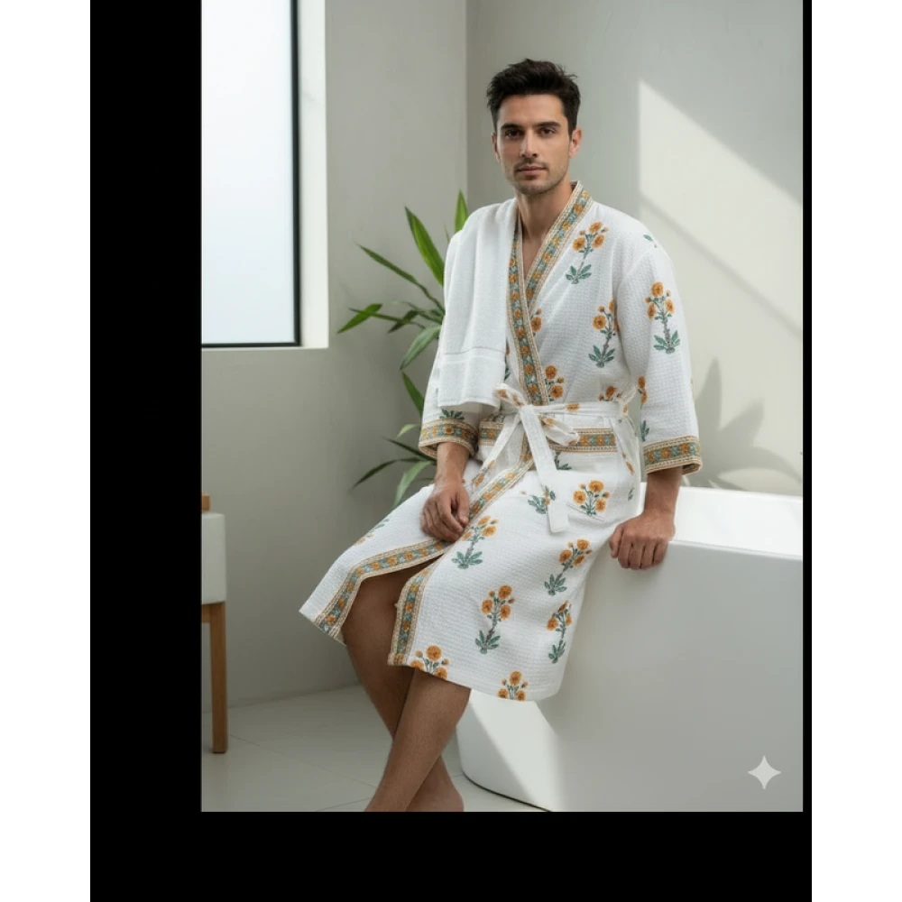 Comfort Fit Waffle Cotton Men's Block Print Bathrobe (Free Size)