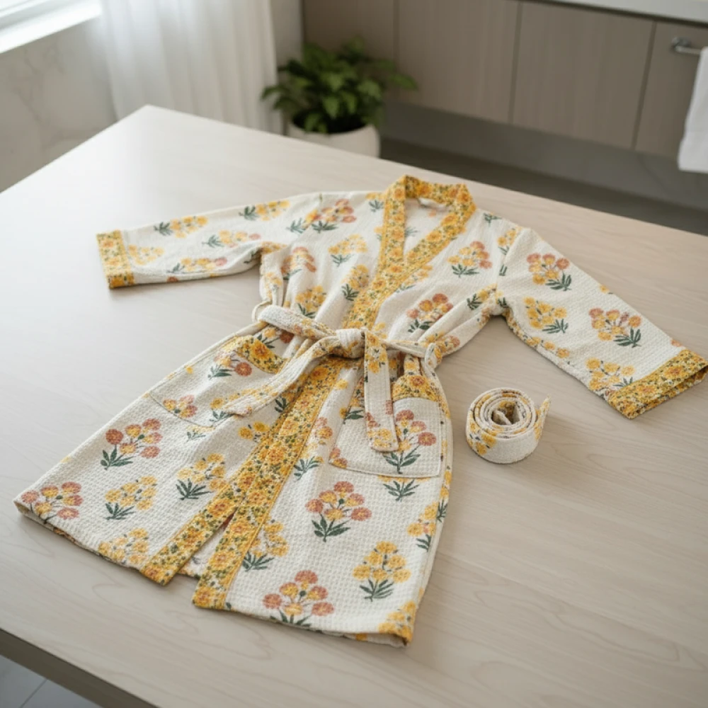 Waffle Cotton Unisex Hand Block Print Bathrobe (Free Size)