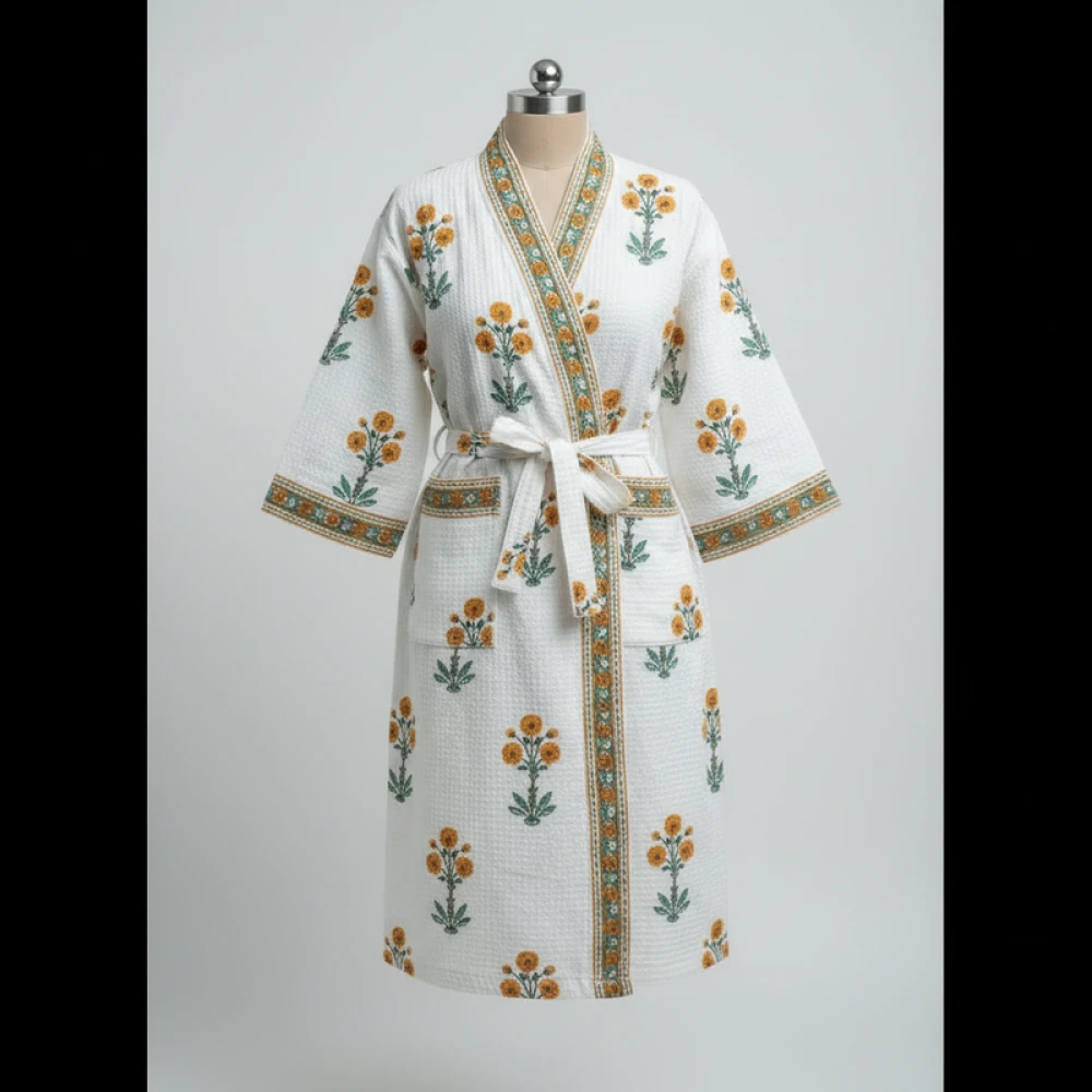 Comfort Fit Waffle Cotton Unisex Block Print Bathrobe (Free Size)