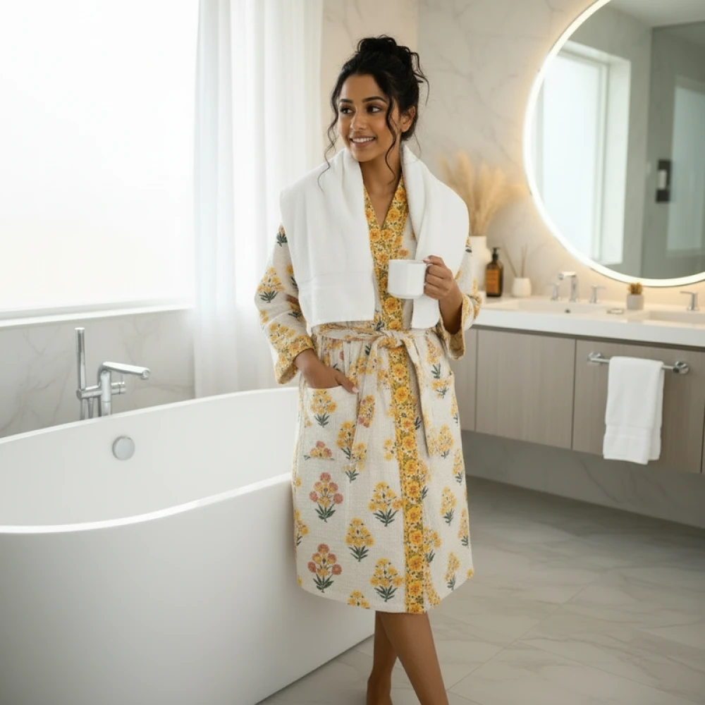 Waffle Cotton Unisex Hand Block Print Bathrobe (Free Size)