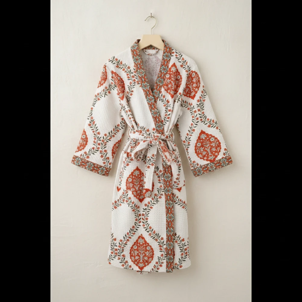 Soft Waffle Cotton Unisex Spa Block Print Bathrobe (Free Size)