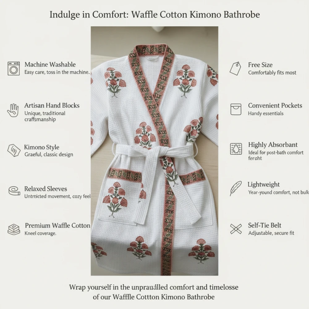 Absorbent Waffle Cotton Women's Printed Bathrobe (Free Size)